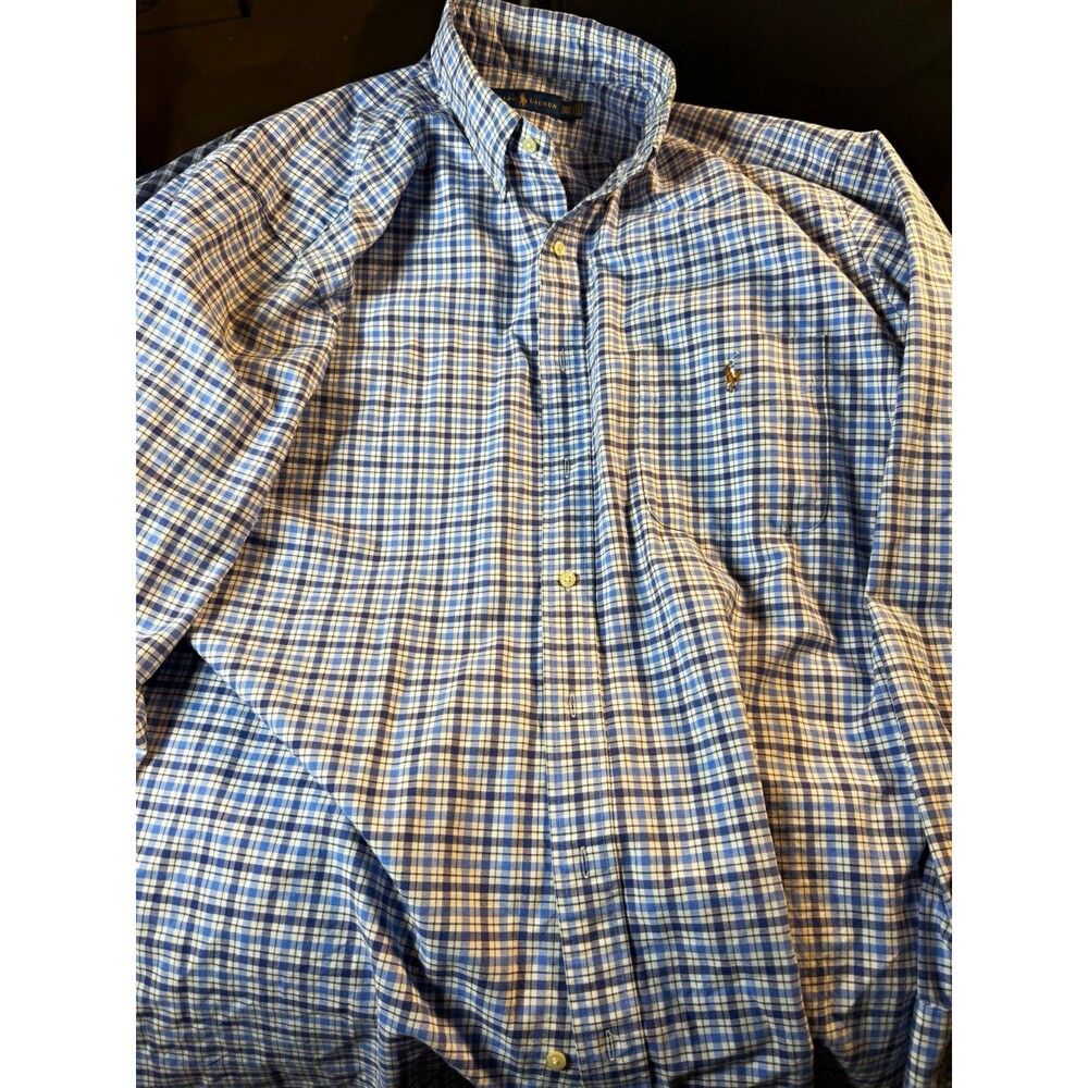 Ralph Lauren Men's 2XLT Blue White Plaid Woven Cotton Button-Down Pocket